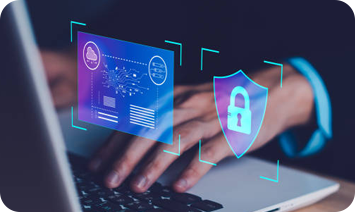 Hologram Shield lock over cyber security expert worker's laptop