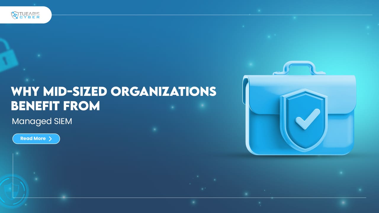 Banner showing why mid-sized organizations benefit from Managed SIEM with a blue shield and briefcase icon.