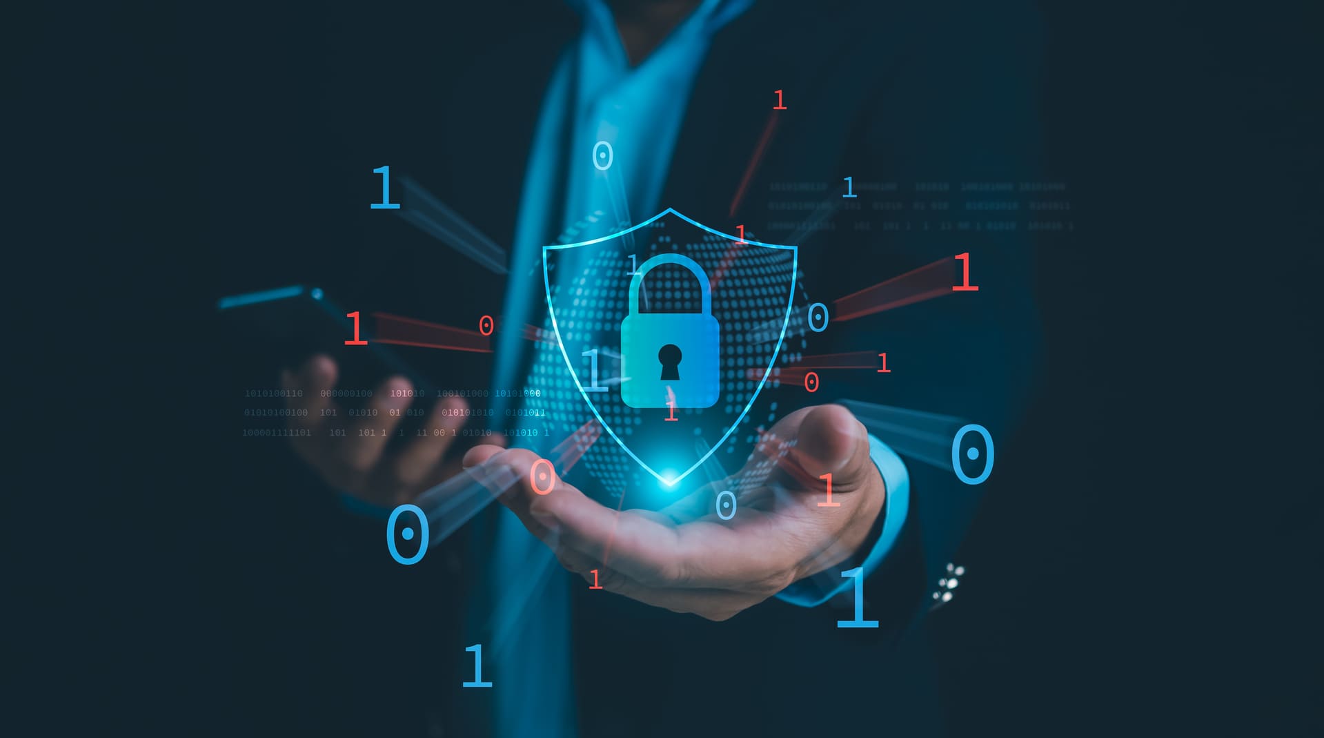 Business professional holding digital shield with padlock symbol representing proactive threat and vulnerability management for lean IT teams