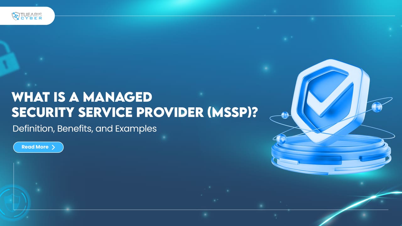 Banner image with text What is a Managed Security Service Provider MSSP showing cybersecurity shield icon and digital protection theme